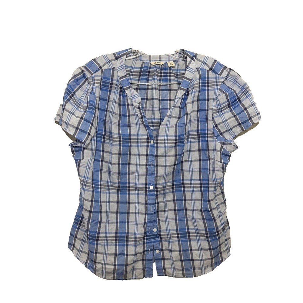 LL Bean Shirt Womens Large Petite Check Plaid Button Up Short Sleeve Cotton
